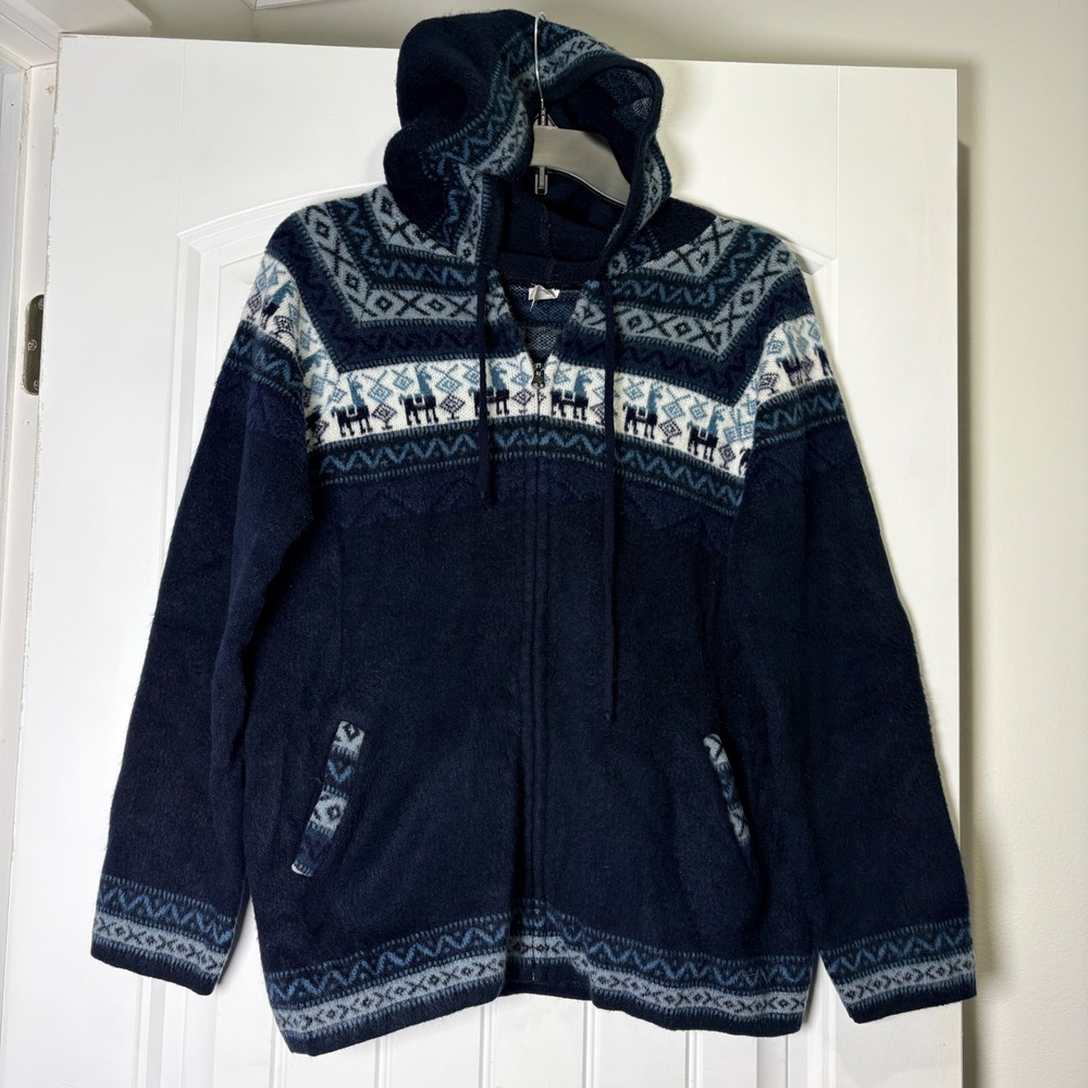 Artesanias Zip Up Hoodie Womens Medium Navy Blue Alpaca Wool Fair Isle